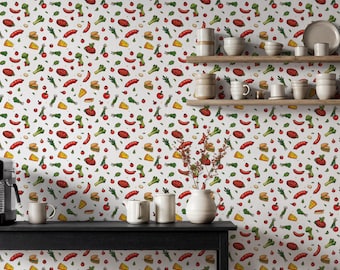 Kitchen Food Wallpaper, Vegetables Bread Cheese Pattern Wall Mural, Colorful Cooking Theme Peel and Stick Removable Home Decor