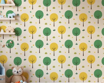 Papel pintado infantil con diseño de árboles del bosque, mural de bosque verde y amarillo para guardería, decoración de pared con temática de naturaleza divertida.