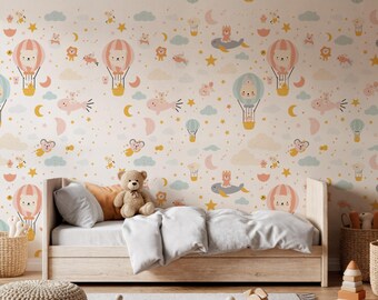 Luchtballonbehang voor kinderkamer of kinderkamer, dromerige lucht muurschildering, verwijderbare maan wolk ster muurdecoratie met dieren