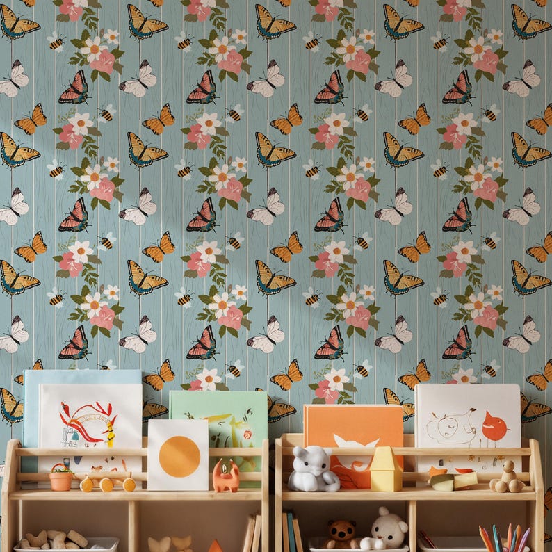 Butterfly Peel and Stick Wallpaper, Floral Garden Design With Bees ...