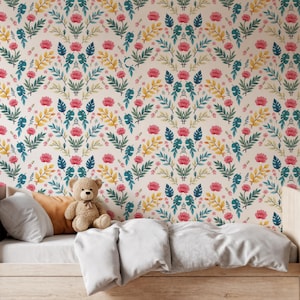Colorful Floral Wallpaper, Vibrant Color Wallpaper, Tropical Removable Wall Art, Blooming Garden Design, Removable Wallpaper, Gift for Home