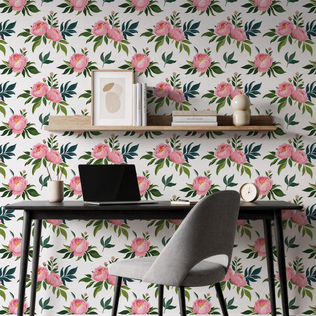 Pink Peony Floral Wallpaper, Romantic Botanical Wall Mural for Office ...