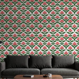 Red Green Floral Wallpaper, Flower Pattern Mural, Peel and Stick Botanical Mural, Removable Wallpaper, Modern Wallpaper, Gift for Home