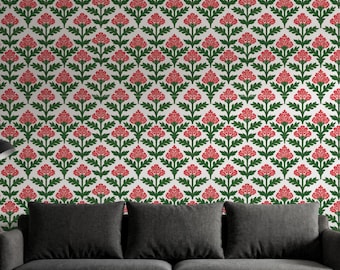 Papel de Parede Floral Vermelho e Verde, Mural com Estampa de Flores, Mural Botânico Autoadesivo, Papel de Parede Removível, Papel de Parede Moderno, Presente para Casa