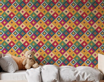Papel pintado geométrico de diamantes coloridos, mural autoadhesivo para sala de juegos infantiles
