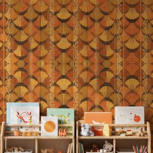 Orange Fan Pattern Wall Mural, Vintage Art Deco Wallpaper, Geometric Peel and Stick Wallpaper, Removable Retro Wall Decor, Gift for Home