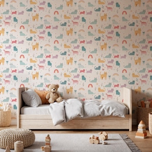 Colorful Cat Wallpaper, Kids Room Wall Decor, Rainbow Cat Mural, Nursery Wallpaper, Playroom Wall Art, Peel and Stick, Non-Adhesive