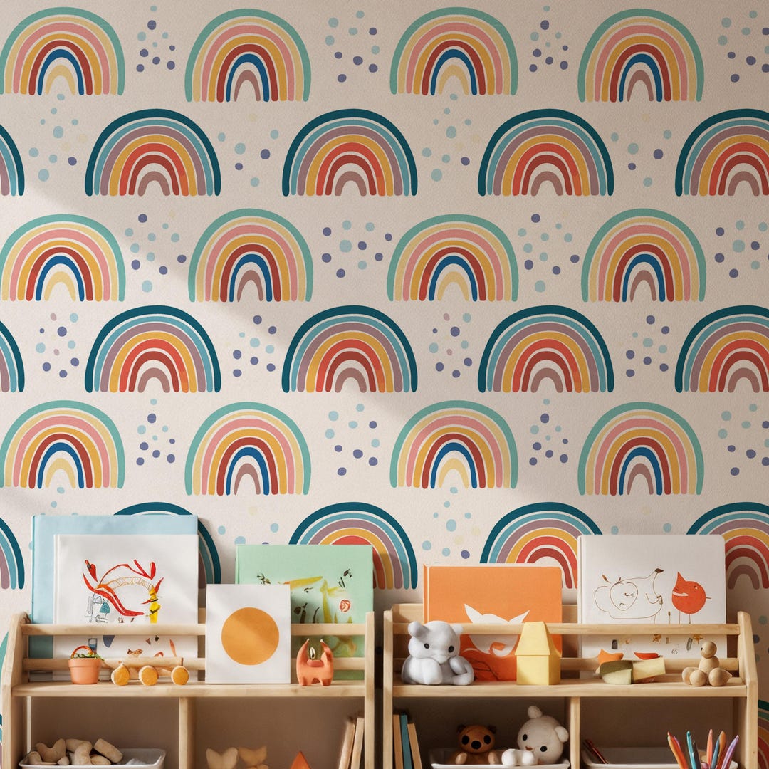 Rainbow Kids Room Wallpaper, Pastel Nursery Wall Mural, Cute Peel and ...