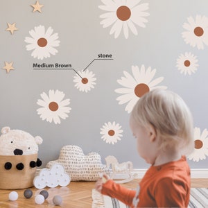 Könnte beinhalten: Eine hellgraue Wand mit weißen Gänseblümchen-Aufklebern in verschiedenen Größen. Die Gänseblümchen haben braune Zentren. Der Text "stone" und "Medium Brown" ist an der Wand geschrieben.