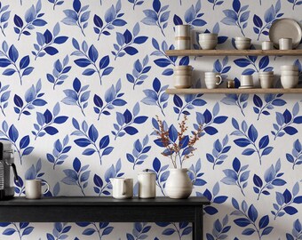 Papel pintado botánico de hojas azules, estilo acuarela, mural de pared inspirado en la naturaleza.