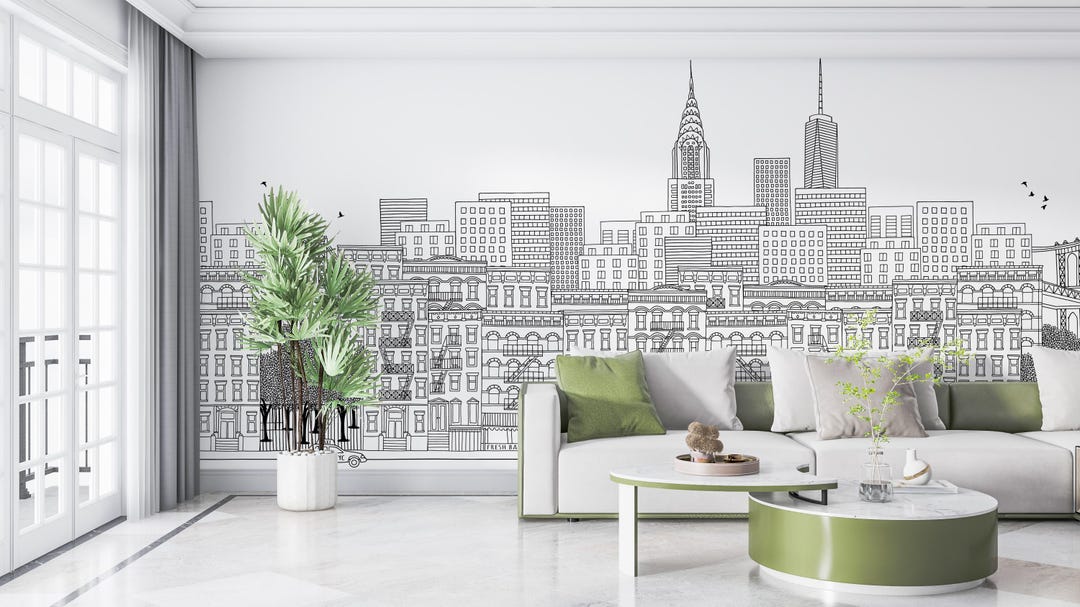 New York City Line Art Wallpaper | Urban Skyline Wall Mural | Custom ...