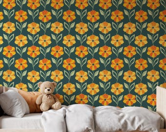 Papel tapiz floral retro naranja para niños, mural de pared con estampado de flores vintage, diseño botánico amarillo divertido para guardería o sala de juegos.