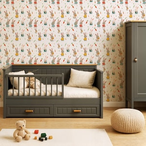 Cute Bunny Wallpaper, Rabbit Kids Room Decor, Playful Nursery Wall Art, Peel and Stick, Non-Adhesive, Removable Playroom Mural