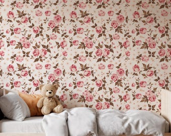 Romantic Pink Rose Floral Wallpaper for Bedroom Living Room Nursery Decor, Vintage Rose Pattern Wall Mural Peel and Stick