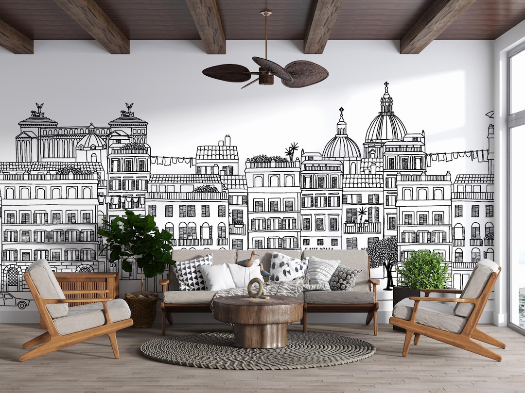 Rome City Line Art Wallpaper | Italian Architecture Peel & Stick Wall ...