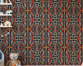 Stammes-Geometrisches Wandbild, Bunte Abstrakte Schalen-Tapete, Retro ethnisches Muster-Design, mutige Gitterakzent-Wand, Geschenk für Kunstliebhaber