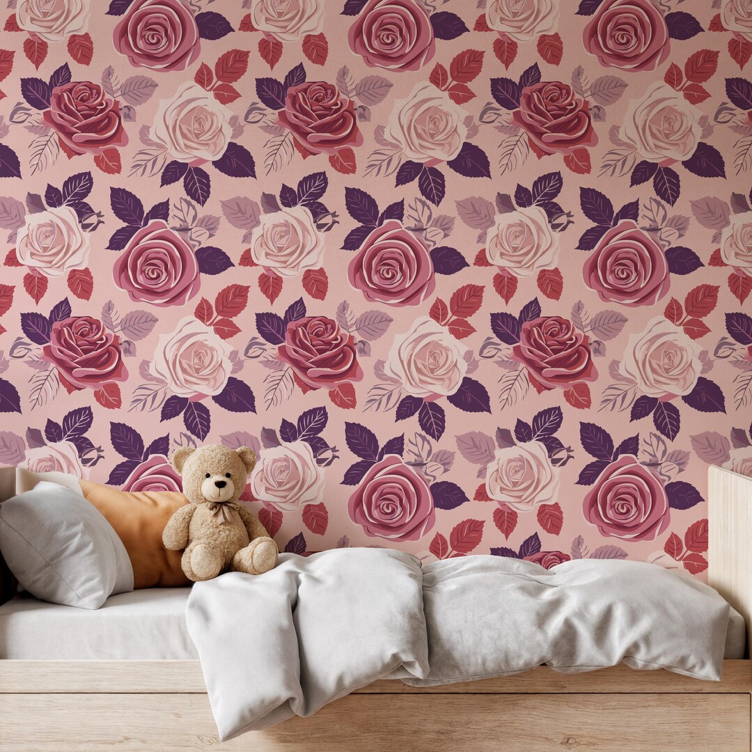 Pink Rose Floral Wallpaper, Romantic Peel and Stick Wall Mural, Elegant ...