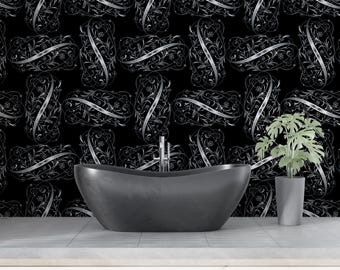 Luxury Silver Damask Wallpaper, Black Floral Scroll Pattern, Elegant Vintage Baroque Peel and Stick or Traditional Wallpaper for Home Decor