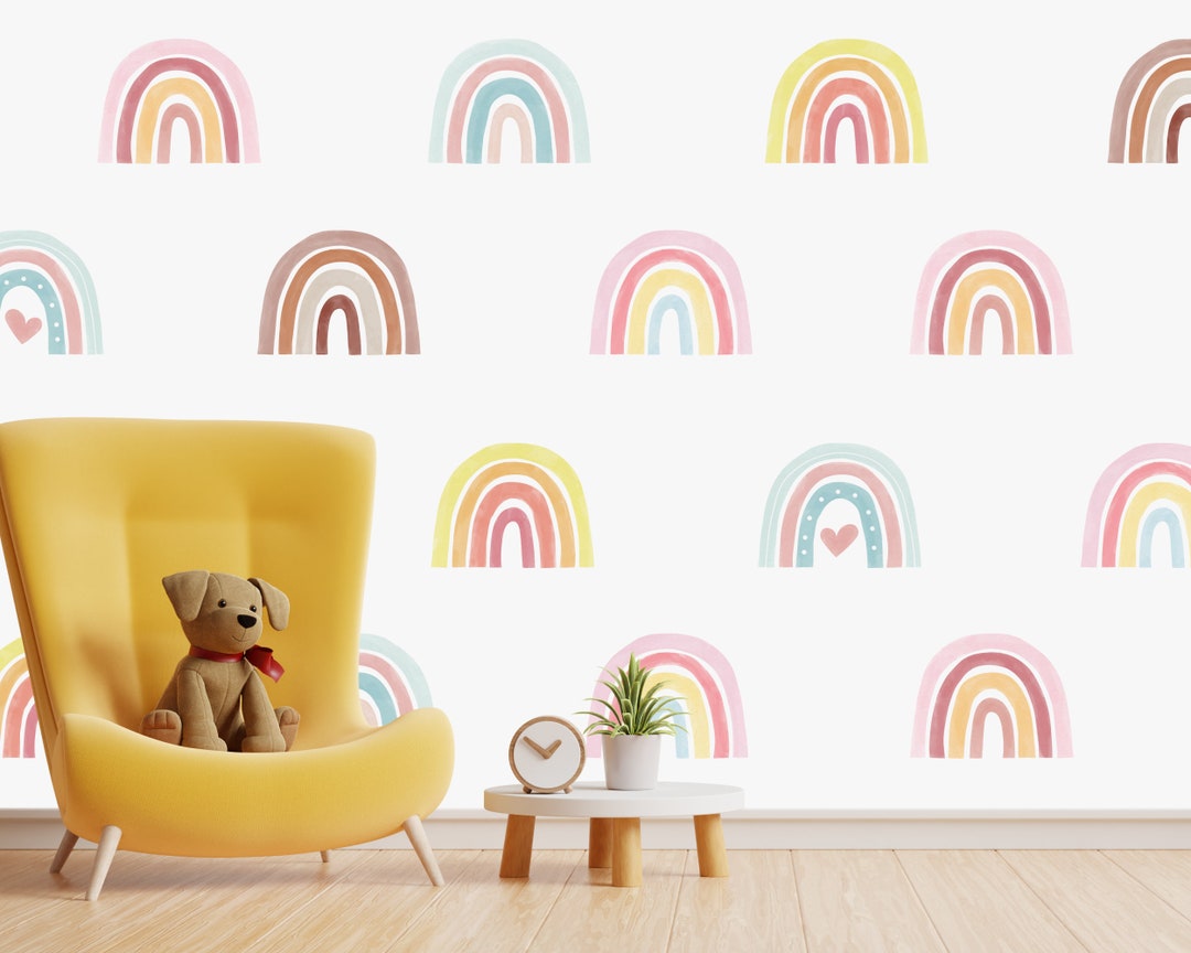 Watercolor Boho Rainbow Wall Decal, Nursery Decor, Peel and Stick Mural ...
