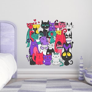 Doodle Wall Decal of Street Cats, Vinyl Cats Wall Sticker, Colorful Kids Room Decor, Nursery Wall Art, Cute Animal Wall Decal for Children