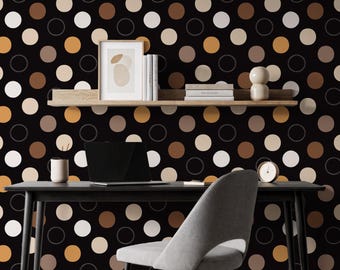 Papel pintado infantil de lunares marrones, mural de pared retro moderno, divertido patrón de círculos en beige y caramelo para la decoración de la habitación de un bebé o una sala de juegos.