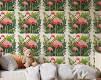 Tropical Flamingo Wallpaper, Jungle Peel and Stick Wall Mural, Removable Bird and Leaf Decor, Seamless Pink Green Accent for Home