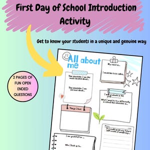 May include: A printable worksheet titled "All about me" for students to complete on the first day of school. The worksheet has prompts for students to write about their name, what they are excited about, what they are nervous about, things they love, what they are grateful for, who they look up to, and what they want to try differently in school this semester. The worksheet also has a space for students to write a note to their future self.