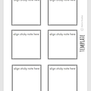Puede incluir: Una plantilla imprimible con seis cuadros rectangulares grises, cada uno con el texto "align sticky note here" en la parte superior. La plantilla está diseñada para organizar notas o ideas.