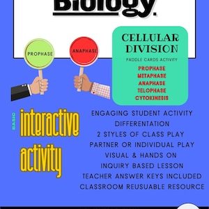 May include: A blue and green printable classroom activity for teaching cellular division. The activity includes paddle cards with the phases of cell division: prophase, metaphase, anaphase, telophase, and cytokinesis. The title of the activity is "Cellular Division Paddle Cards Activity".