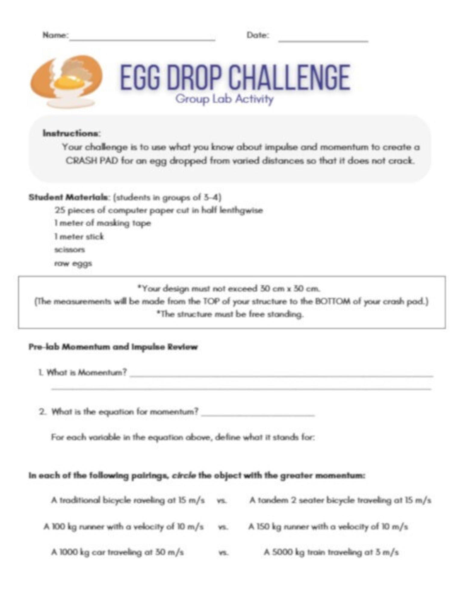 Real Egg Drop Challenge: Physics Momentum & Impulse Lab - Editable ...