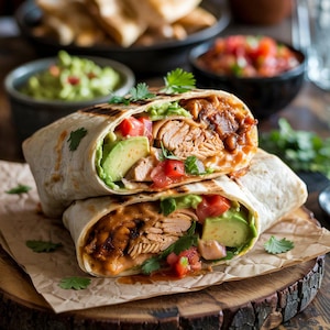 May include: Two salmon burritos with avocado, tomato, and cilantro wrapped in a white tortilla.