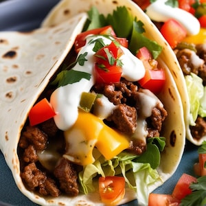 Può includere: Primo piano di due tacos su un piatto blu. I tacos sono ripieni di carne macinata condita, lattuga sminuzzata, pomodori a cubetti, formaggio, panna acida e coriandolo, il tutto avvolto in una tortilla morbida.