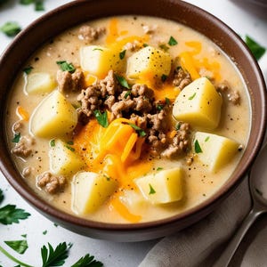 Sopa de papa con hamburguesa y queso: ¡La máxima comodidad en un tazón! / Descarga digital imprimible