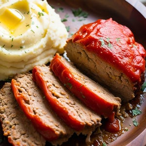 Puede incluir: Un plato de madera con un pastel de carne cortado en rodajas cubierto con una salsa de tomate roja. El pastel de carne está rodeado de puré de patatas y perejil.