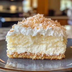 Puede incluir: Una rebanada de pastel de coco con una gruesa capa de crema batida y coco rallado en la parte superior. El pastel tiene un color amarillo claro y está en capas con un relleno blanco.