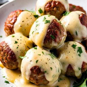 May include: A close-up of a plate of Swedish meatballs covered in a creamy white sauce and garnished with fresh parsley.