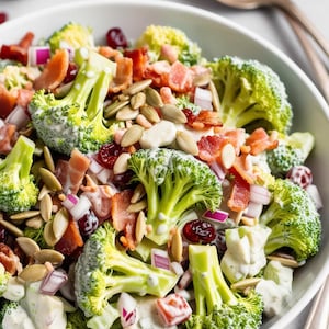 May include: A white bowl filled with a broccoli salad. The salad includes broccoli florets, bacon, red onion, cranberries, and pumpkin seeds. The salad is topped with a creamy dressing.