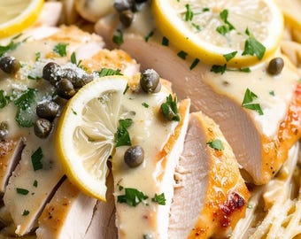 May include: Close-up of chicken piccata with spaghetti. Sliced chicken breasts are topped with a creamy lemon sauce, capers, and fresh parsley. Lemon slices garnish the dish. The pasta is coated in sauce and sprinkled with parmesan cheese.