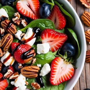 May include: A white bowl filled with a spinach salad with strawberries, blueberries, feta cheese, and pecans. The salad is dressed with balsamic vinaigrette.