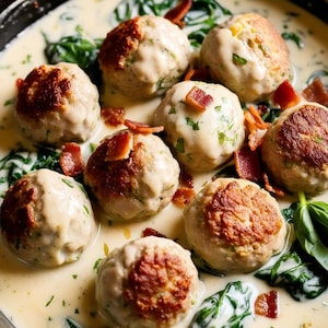 May include: A close-up of a cast iron skillet filled with creamy white sauce, spinach, and golden brown meatballs. The meatballs are topped with crispy bacon bits and fresh herbs.