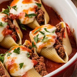 Peut inclure: Gros plan de coquilles de pâtes farcies cuites au four dans un plat à four rouge. Les coquilles sont farcies de viande hachée et garnies de fromage blanc fondu et de sauce tomate, garnies de persil frais.
