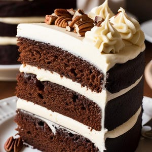 May include: A slice of three-layer chocolate cake with white frosting and pecan pieces on top. The cake is on a white plate with pecan pieces scattered around it.