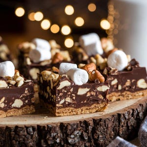 Puede incluir: Primer plano de cuadrados de chocolate cubiertos con malvaviscos, pretzels y nueces. Los cuadrados están dispuestos sobre una superficie de madera.