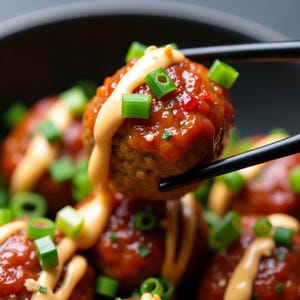 Receita de almôndegas coreanas com molho de maionese picante | Bolinhos de fusão ousados, doces e picantes | Download digital para impressão
