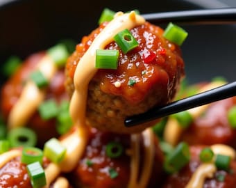 May include: Close-up of a bowl of meatballs topped with a creamy sauce and green onions. The meatballs are a vibrant red color and are being lifted from the bowl with chopsticks.