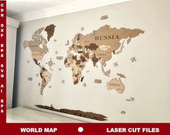 World map, laser cut files, SVG, ESP, PDF, ai, cdr, dxf, vector file, digital file, 300 x 180 cm, 118' x 70', 1 layer