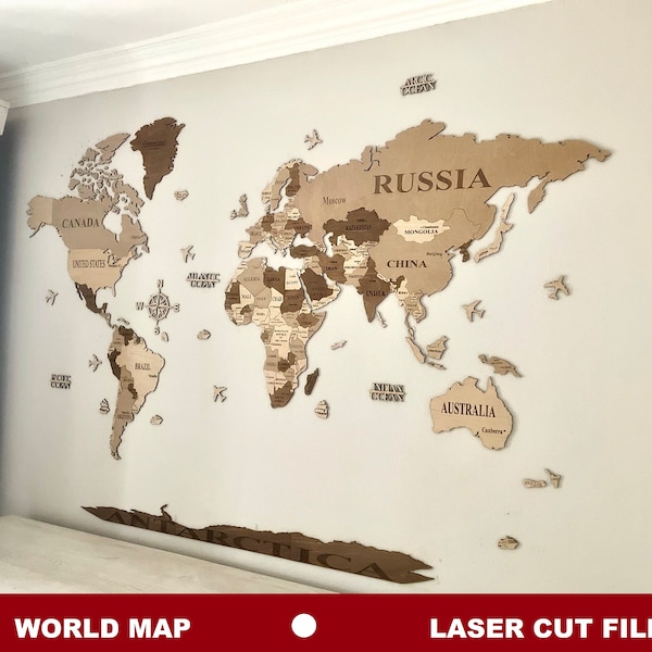 Carte du monde, fichiers découpés au laser, SVG, ESP, PDF, ai, cdr, dxf, fichier vectoriel, fichier numérique, 300 x 180 cm, 118' x 70', 1 couche