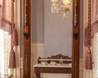 Antique Victorian Pier Mirror 106” Tall – Ornate Carved Walnut with Marble Shelf – Grand Statement Gothic Vanity Mirror
