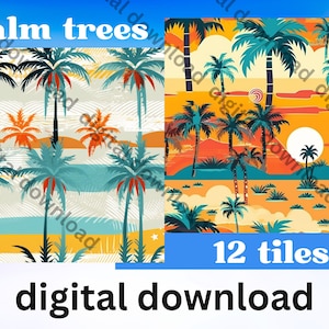 May include: A digital download of 12 palm tree tiles. The tiles feature a repeating pattern of palm trees against a sunset background. The text "palm trees" and "12 tiles" is visible in the image.