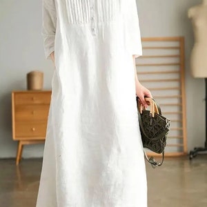 100% Linen Loose Dress Linen Half Buttoned Summer Gown White Brown Linen Dress Women Side Slit Dress